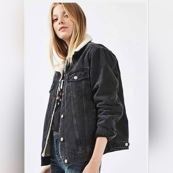 Topshop Jackets & Blazers - Top shop moto jeans sherpa black denim western oversized jacket US4